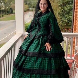 Green and Black Polka Dot Victorian-Style Ball Gown